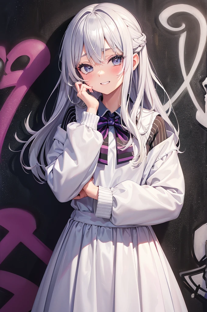 Grin, From above, (Squint your eyes:1.2), close, One Girl, blush, sit, nsfw,beautiful girl　 Wear a uniform, Light blue skirt, Long skirt, small bow, small bow, anime movie((masterpiece)), ((Highest quality)), (anime:1.3), (Super detailed:1.2), (High resolution:1.3), (Professional photography:1.3), ((12 years old)), cute young Girl, Shiny, unruly hair, (Loosely swayed bangs), (Silver Ash Hair), Medium Hair, Big eyes, (Sagging under the eyes:1.5), (Long eyelashes), colorful eyes, (得意げでblushする), Open your mouth, Glossy Lips, (Jagged teeth), farewell, ((Oversized striped sweatshirt)), bare hands, cute, (Cover your face with your hands), (colorful:1.3), Gothic Makeup, (Against the graffiti wall:1.5),