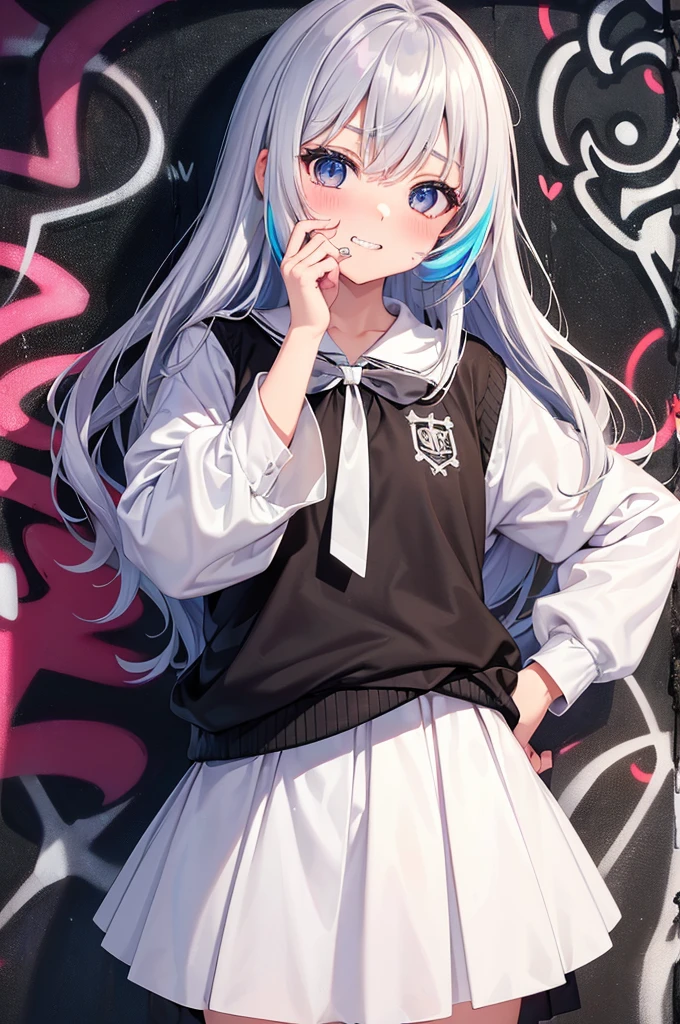 Grin, From above, (Squint your eyes:1.2), close, One Girl, blush, sit, nsfw,beautiful girl Wear a uniform, Light blue skirt, Long skirt, small bow, small bow, anime movie((masterpiece)), ((Highest quality)), (anime:1.3), (Super detailed:1.2), (High resolution:1.3), (Professional photography:1.3), ((12 years old)), cute young Girl, Shiny, unruly hair, (Loosely swayed bangs), (Silver Ash Hair), Medium Hair, Big eyes, (Sagging under the eyes:1.5), (Long eyelashes), colorful eyes, (得意げでblushする), Open your mouth, Glossy Lips, (Jagged teeth), farewell, ((Oversized striped sweatshirt)), bare hands, cute, (Cover your face with your hands), (colorful:1.3), Gothic Makeup, (Against the graffiti wall:1.5),
