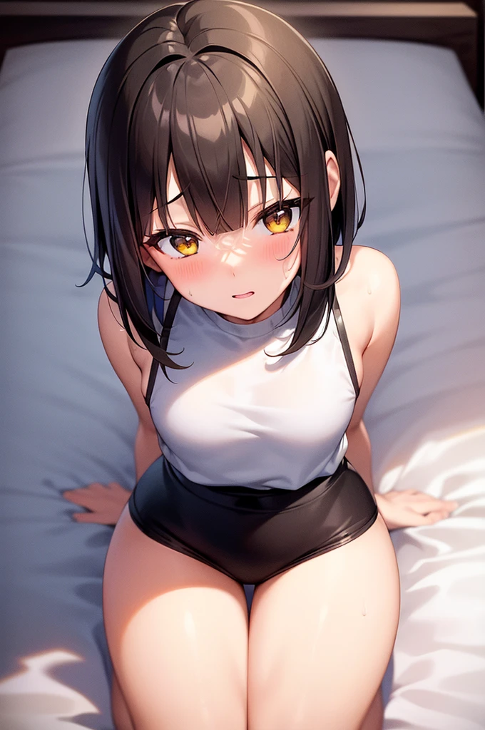 nsfw,((1boy and 1girl,having sex)),girl on top,straddling,on,bed,Highest quality、Very delicate and beautiful、I、(( ))、Japanese Girl、Primary school students、((Very short bangs))、((Bangs))、Brown Hair、((Short Bob))、Cute face、Cute like an idol、Yellow Eyes、Are thin、Slim figure、Bright room、Daytime、Sweat、Nice thighs、