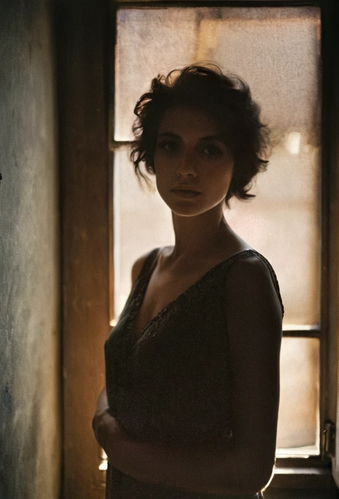 analog color film photograph of a woman in silhouette is standing in front of a window, in the style of romantic soft focus and ethereal light, she is looking directly at the camera, sunrays shine upon her, old paned window, dark moody, natural light, muted colors, desaturated, ISO 200 faded film, 35mm photo, grainy, vignette, vintage, Kodachrome, Lomography, stained, highly detailed, found footage, casting shadow style
