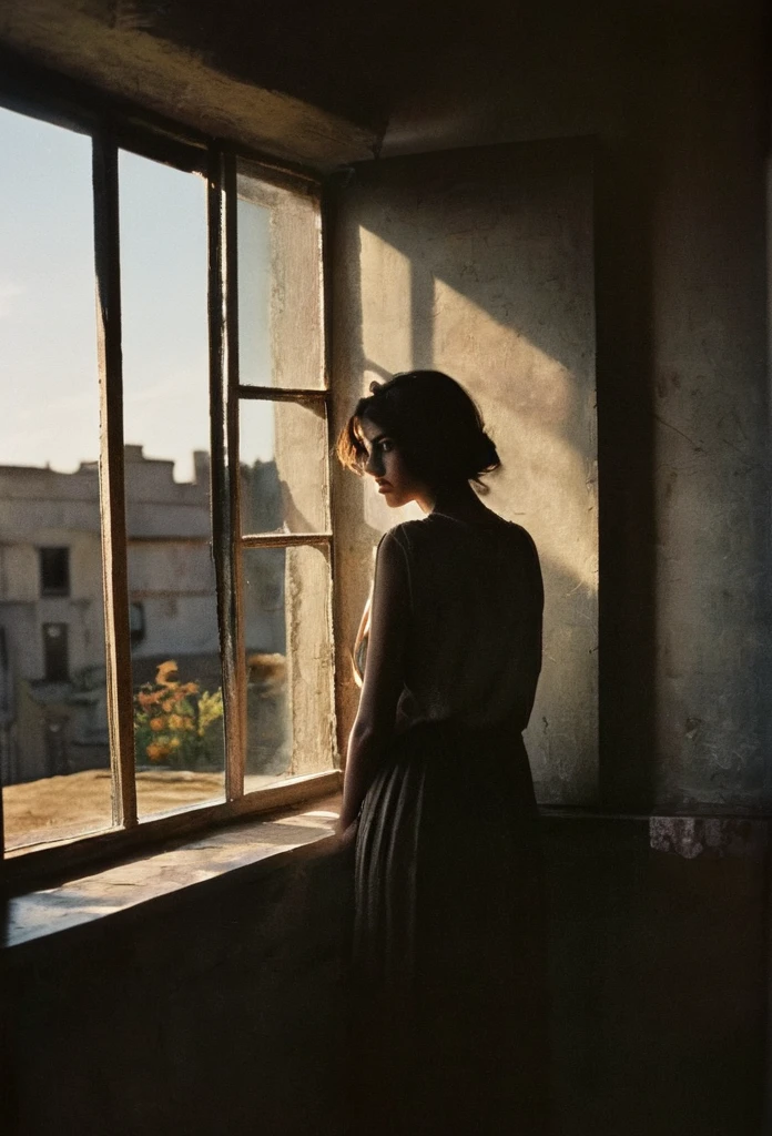 analog color film photograph of a woman in silhouette is standing in front of a window, in the style of romantic soft focus and ethereal light, she is looking directly at the camera, sunrays shine upon her, old paned window, dark moody, natural light, muted colors, desaturated, ISO 200 faded film, 35mm photo, grainy, vignette, vintage, Kodachrome, Lomography, stained, highly detailed, found footage, casting shadow style