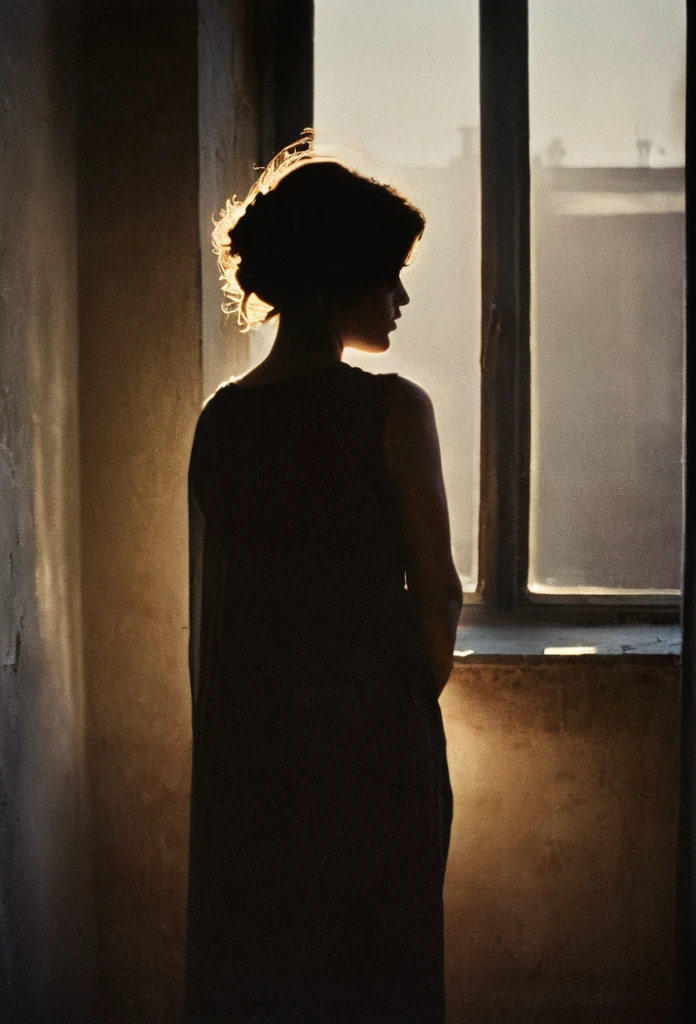analog color film photograph of a woman in silhouette is standing in front of a window, in the style of romantic soft focus and ethereal light, she is looking directly at the camera, sunrays shine upon her, old paned window, dark moody, natural light, muted colors, desaturated, ISO 200 faded film, 35mm photo, grainy, vignette, vintage, Kodachrome, Lomography, stained, highly detailed, found footage, casting shadow style