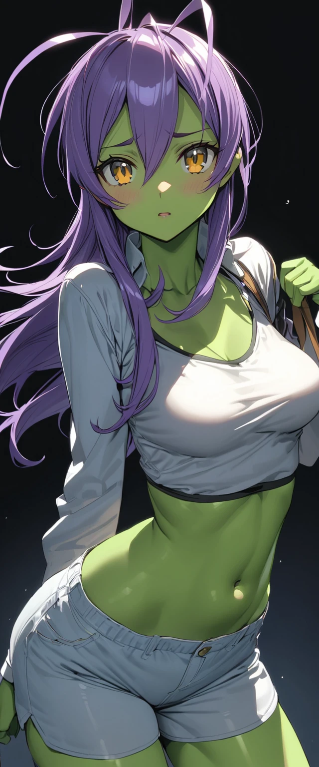 tilts head, Front view: 1.2)) masterpieces, 8k, ultra HD, alien girl, green skin color, black and yellow eyes, macheless crop top, white turtleneck, white mini shorts, green antenna, purple hair dark and pink