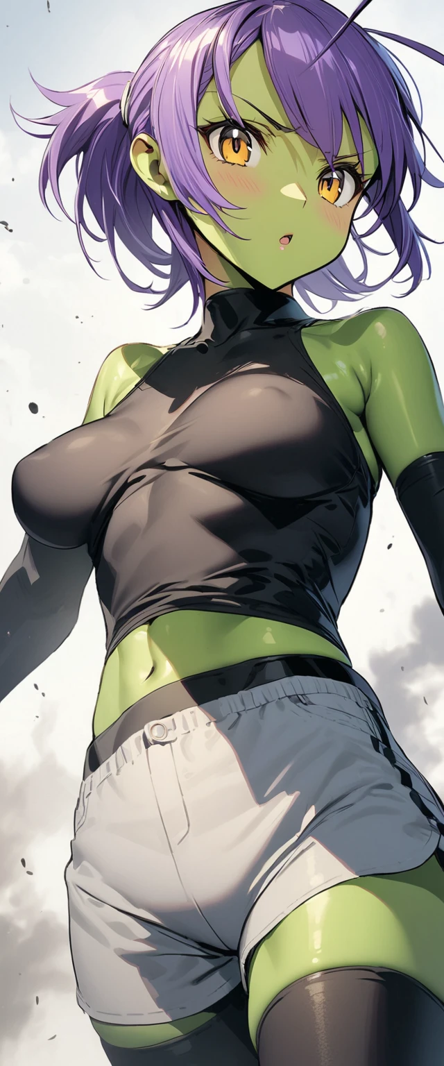 tilts head, Front view: 1.2)) masterpieces, 8k, ultra HD, alien girl, green skin color, black and yellow eyes, macheless crop top, white turtleneck, white mini shorts, green antenna, purple hair dark and pink