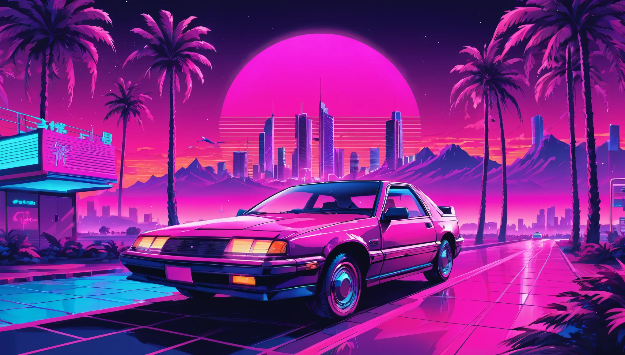 Vaporwave Retrowave synthwave car the edge of my universe. Grid, magenta, palm trees, sunsets, retro night city