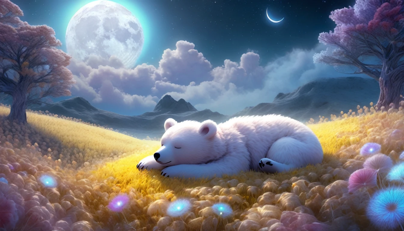 small,Fluffy Bear、 Surrounded by vibrant fields, Sleeping on a white cloud ,night、moon、 The scene is softly wrapped, Mysterious glow, Infusing the surreal with a dreamlike atmosphere, abstract scenery. 3D fractal elements add depth and dimension, Creation of magic, An otherworldly atmosphere straight out of a fairy tale.Highest quality、masterpiece