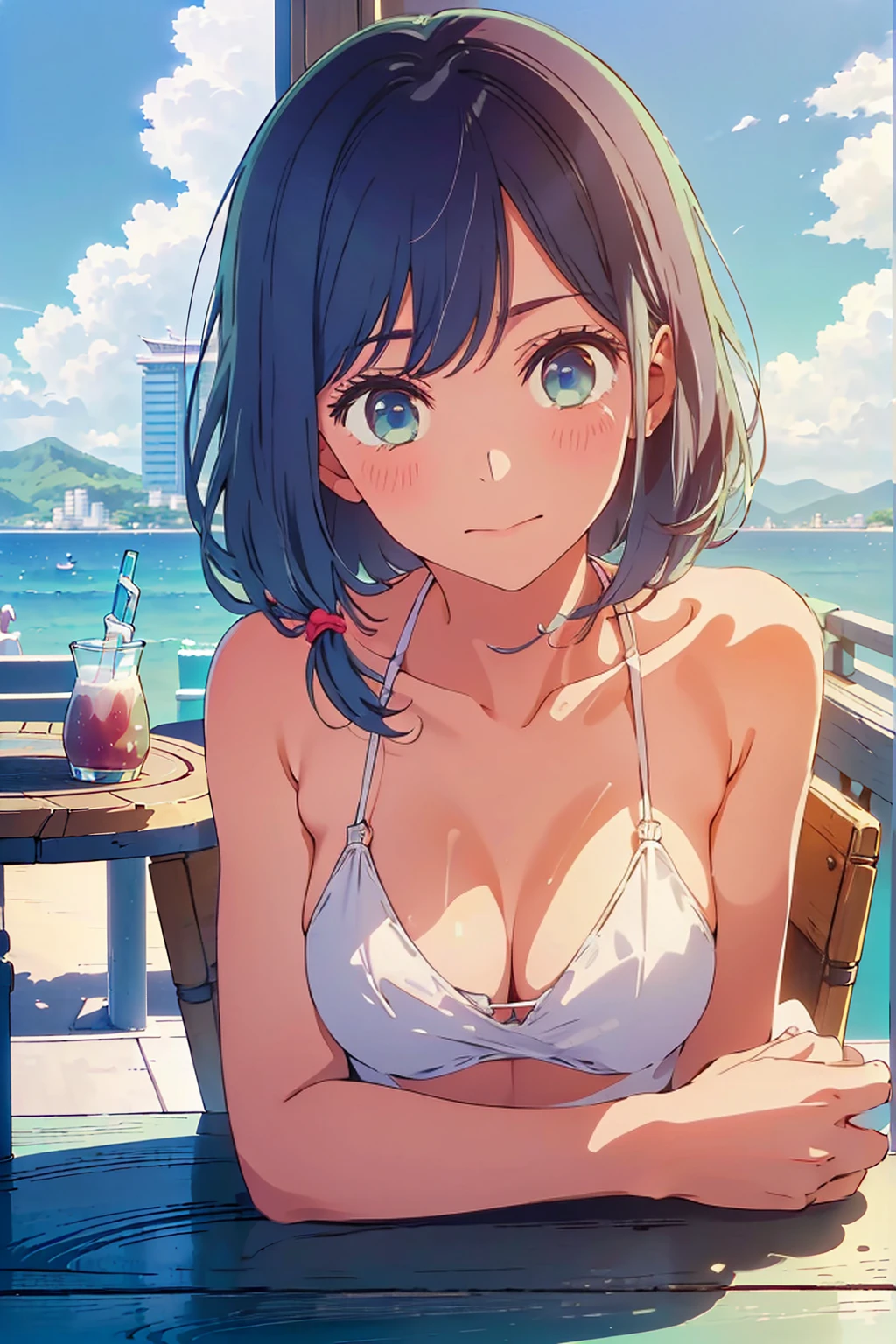 (Highest quality:1.4、8K:1.4、detailed)、F cup bust、Big Breasts、Slim body、Very white beautiful skin、((((1 person、A dreamy look、sit、Chair、In the background are the urban buildings of Tokyo、looking at the camera、Outdoor café terrace、coastal、Navy hair color、juice、White side string high leg bikini、Shooting up close、table、Very cute face))))、(Wavy low ponytail:1.4、Pose of putting hair behind ears with hands:1.4)、Very blue sky、A completely cloudless sky