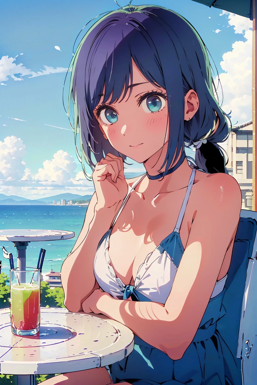 (Highest quality:1.4、8K:1.4、detailed)、F cup bust、Big Breasts、Slim body、Very white beautiful skin、((((1 person、Surprised expression、sit、Chair、In the background are the urban buildings of Tokyo、looking at the camera、Outdoor café terrace、coastal、Navy hair color、juice、Shooting up close、table、Very cute face))))、((((nude、Areola))))、(Touching cheeks with both hands pose:1.4)、Nipples、bikini、Very blue sky、A completely cloudless sky