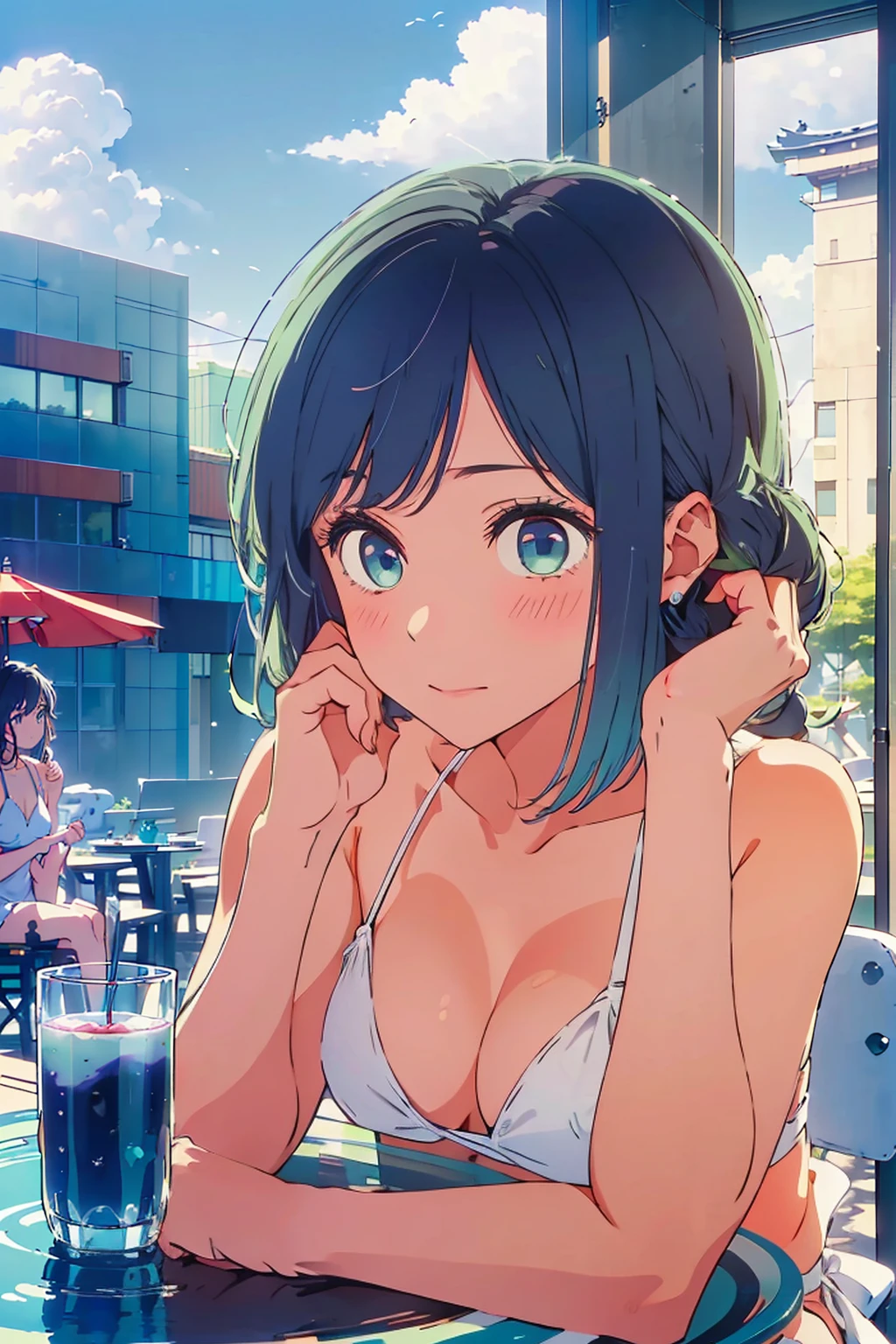 (Highest quality:1.4、8K:1.4、detailed)、F cup bust、Big Breasts、Slim body、Very white beautiful skin、((((1 person、A dreamy look、sit、Chair、In the background are the urban buildings of Tokyo、looking at the camera、Outdoor café terrace、coastal、Navy hair color、juice、White side string high leg bikini、Shooting up close、table、Very cute face))))、(Wavy low ponytail:1.4、Pose of putting hair behind ears with hands:1.4)、Very blue sky、A completely cloudless sky