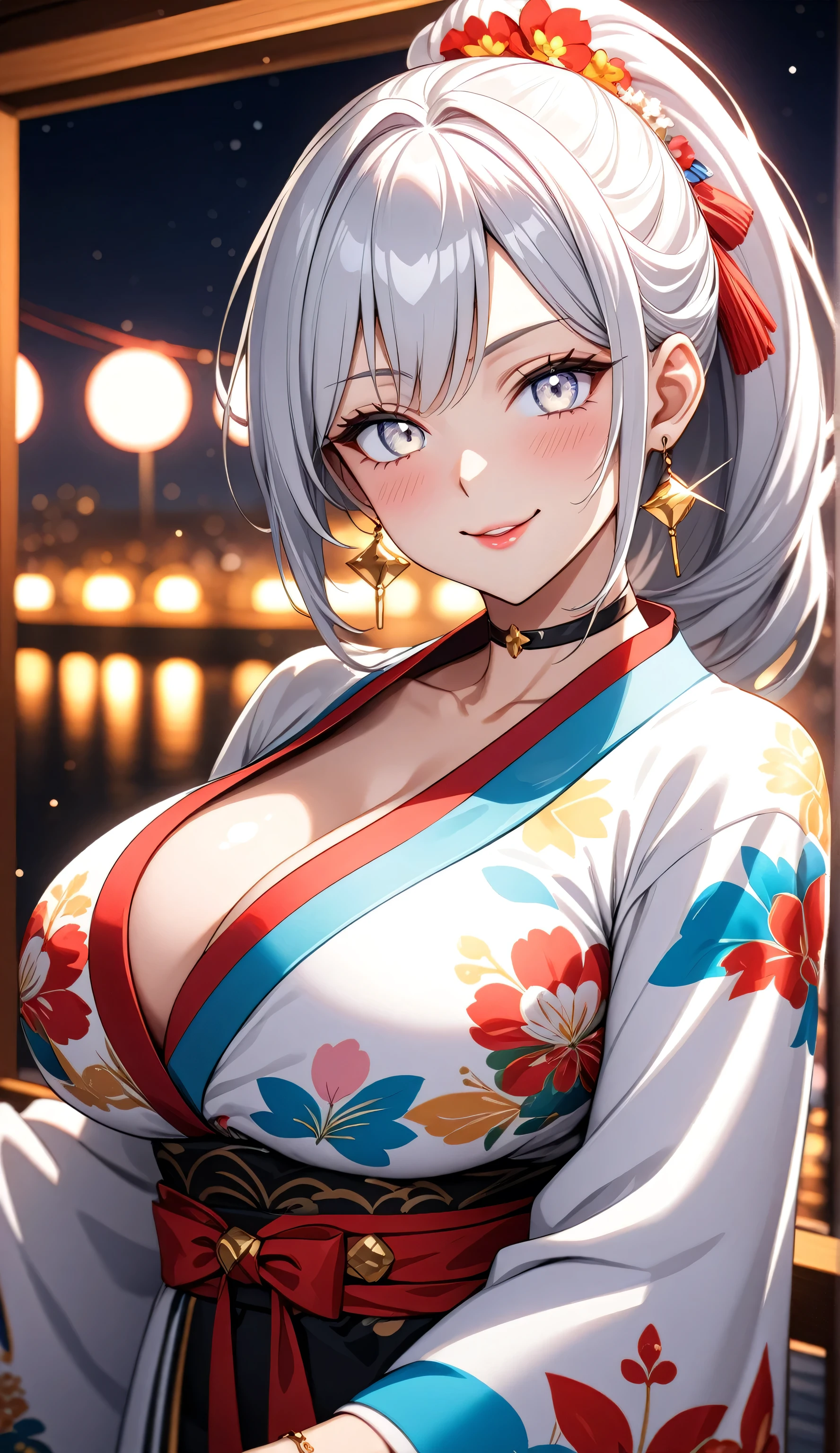 ((one personの女性)), Beautiful Face, ((looking outside:1.5)),Laughing embarrassedly,((wink:1.9)),Laugh with your mouth wide open((Bright red cheeks:1.4)),Shiny red lips,night,rooftop,Festive decorations,You can see the ocean, firework,Laughing with your mouth open,Glossy pink lips,Lighting on the face,((Anime style background)),masterpiece, Highest quality, so beautiful,Latest, complex details, (Pink long nails),(ring),(bracelet),(choker),AI-generated, complex,High resolution, Highest quality, super high quality,3D Images、3D Images,one person,Long white hair,High Ponytail,(blue eyes),Anime woman posing for a photo, ((Fine grain、Silvery white colorful eyes、Shining Eyes:1.4)),(Squint your eyes:1.1),a hyperRealistic , hyperRealistic , Realistic,Anime woman with long and white hair, Smooth anime CG art, A woman in a colorful kimono with gold embroidery, (Black long sleeve kimono),Red floral pattern,Long flower hair ornament,Big earrings,Mature Body,(Big Breasts:1.1),Tall,Abdominal muscles,Narrow waist,(Zoom in on face:1.7),Shooting from below at an angle