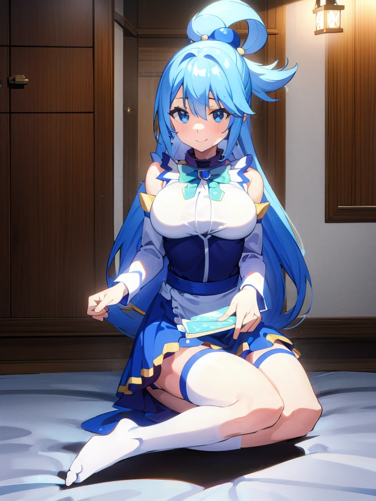 Best Image Quality, 8 k, high quality, masterpiece:1.2), ((masterpiece)), (high detail, high quality, Best Image Quality), solo, 1 girl, Konosuba ,aqua, detailed face, exhilaration, beautiful smile, looks at the viewer, detailed clothing, detailed fabric, Hair rings, maid, lace, shoes, big breasts, middle thighs, Bedroom, Bed, kneeling on the bed, On knees