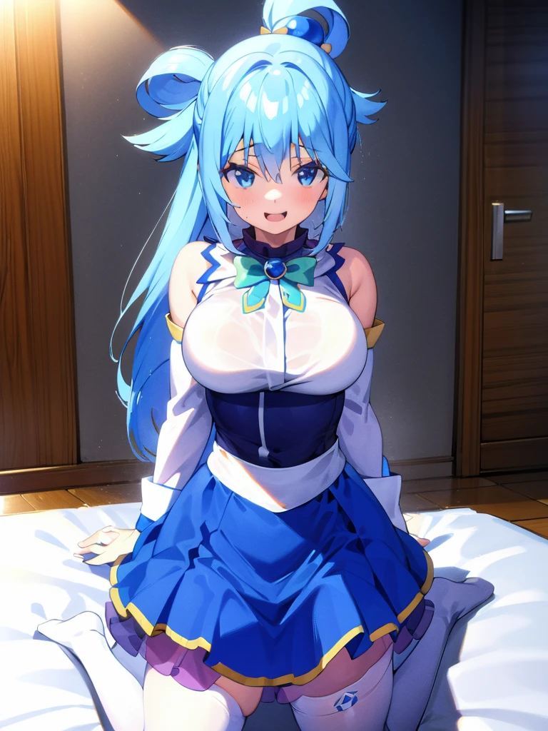 Best Image Quality, 8 k, high quality, masterpiece:1.2), ((masterpiece)), (high detail, high quality, Best Image Quality), solo, 1 girl, Konosuba ,aqua, detailed face, exhilaration, beautiful smile, looks at the viewer, detailed clothing, detailed fabric, Hair rings, maid, lace, shoes, big breasts, middle thighs, Bedroom, Bed, kneeling on the bed, On knees