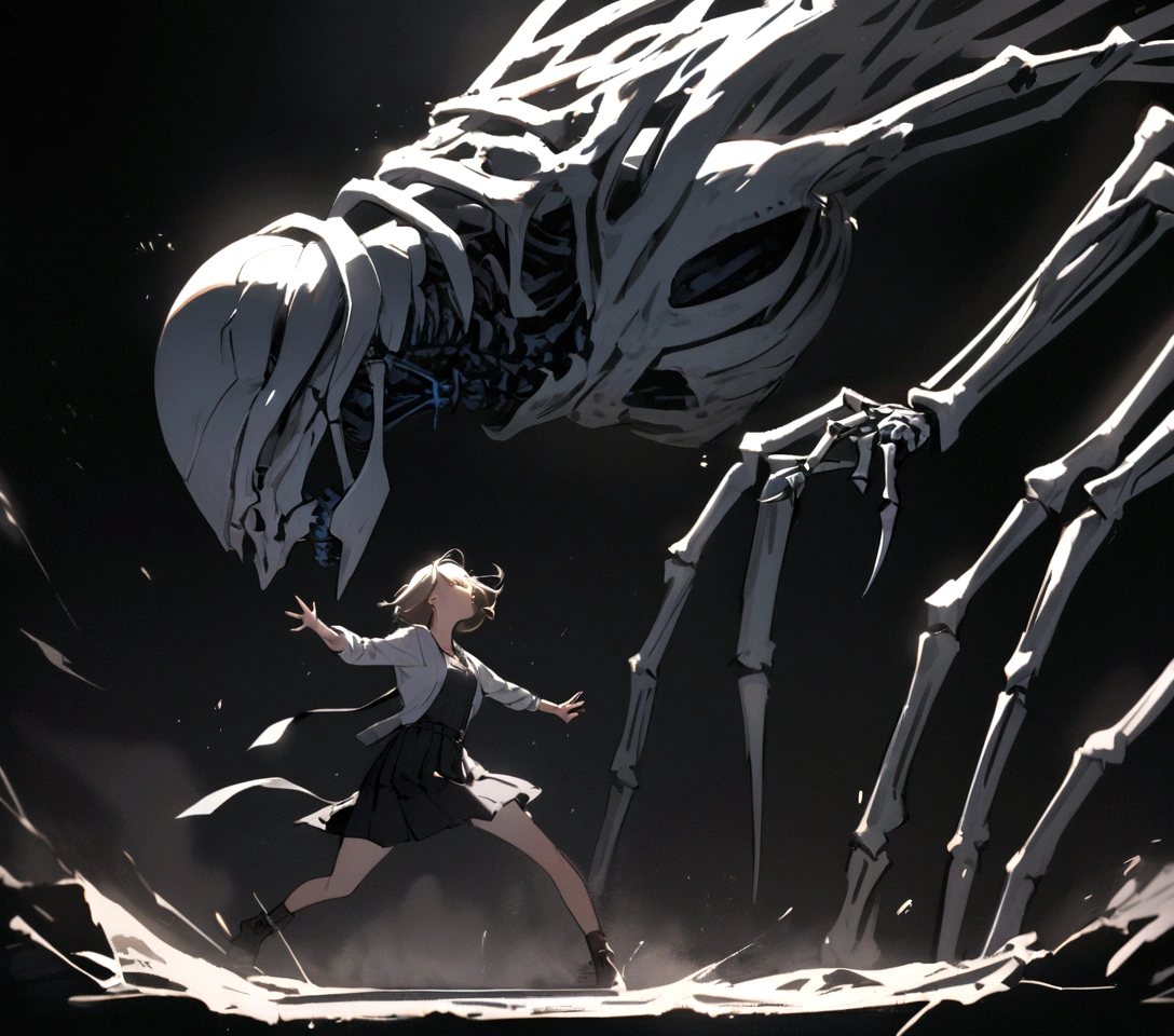 An epic fight between a girl and a skeletal cybernetic monster , With black background