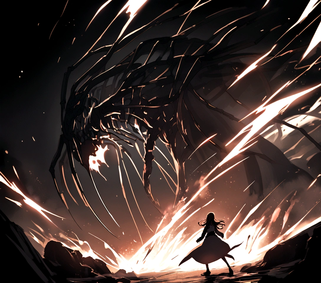 An epic fight between a girl and a skeletal cybernetic monster , With black background