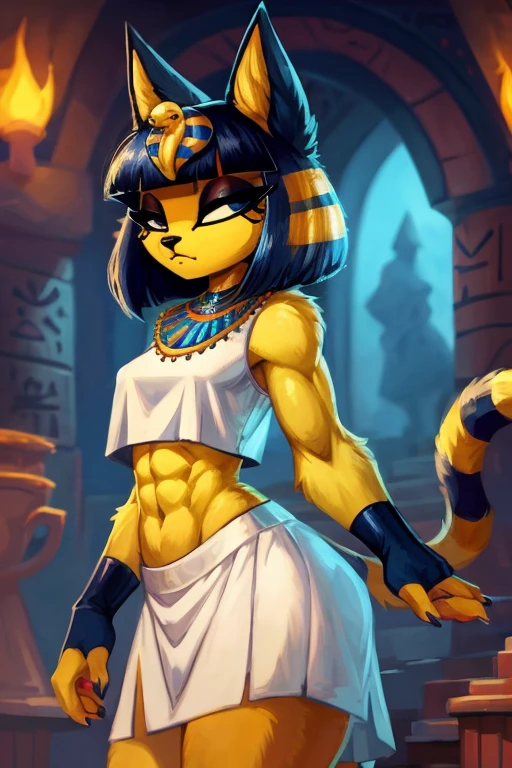 ((best quality)), ((masterpiece)), (detailed), a digital sideview artwork of ankha with abs wearing a crop top of her white sleeveless dress with white long skirt, a bare midriff and a bare navel, ((trending on artstation)), ((4k)), furry, anthro style, 2d style