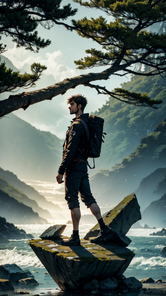 {A man close to the camera, standing backwards} with determination, overcoming visible obstacles on the way (like fallen stones and branches).