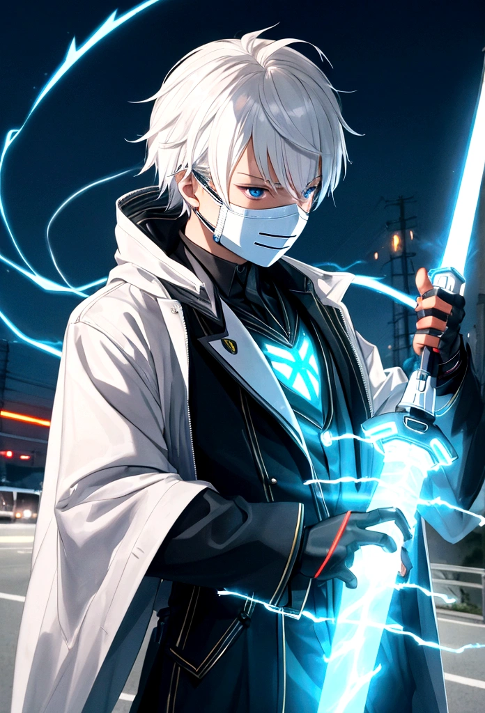 A electric boy with an electric sword in his hand wearing a mask on his face her hair is electric her face is electric he is on the road and writing S on his long suit in anime long photo