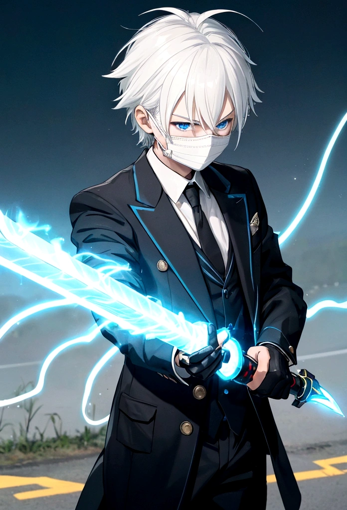 A electric boy with an electric sword in his hand wearing a mask on his face her hair is electric her face is electric he is on the road and writing S on his long suit in anime long photo