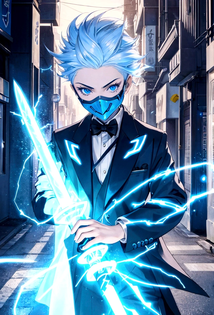 A electric boy with an electric sword in his hand wearing a mask on his face her hair is electric her face is electric he is on the road and writing S on his long suit in anime long photo