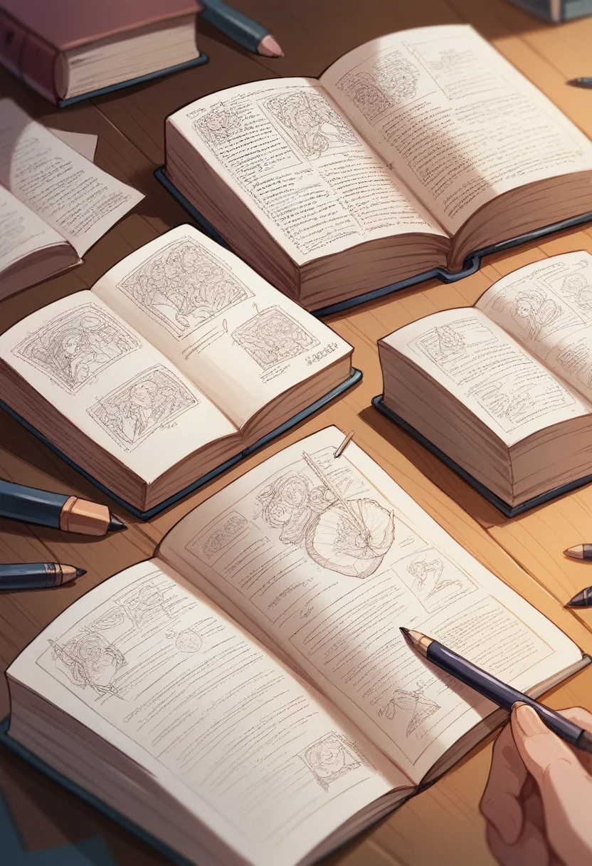 Open books, pens,hands, illustrations，Close-up screen，classroom  background