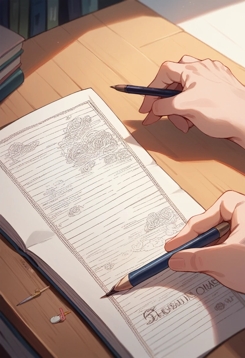 Open books, pens,hands, illustrations,Close-up screen,classroom background