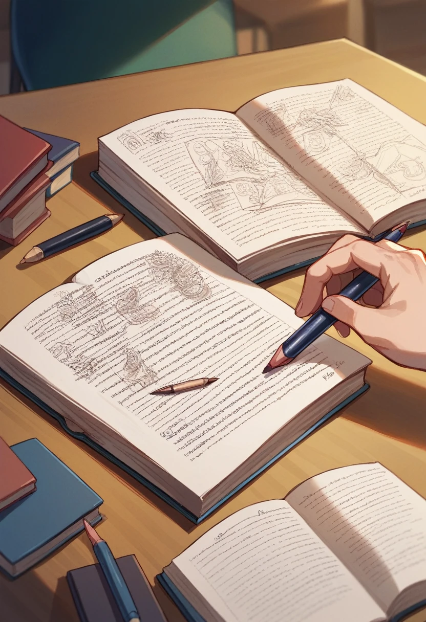 Open books, pens,hands, illustrations，Close-up screen，classroom  background