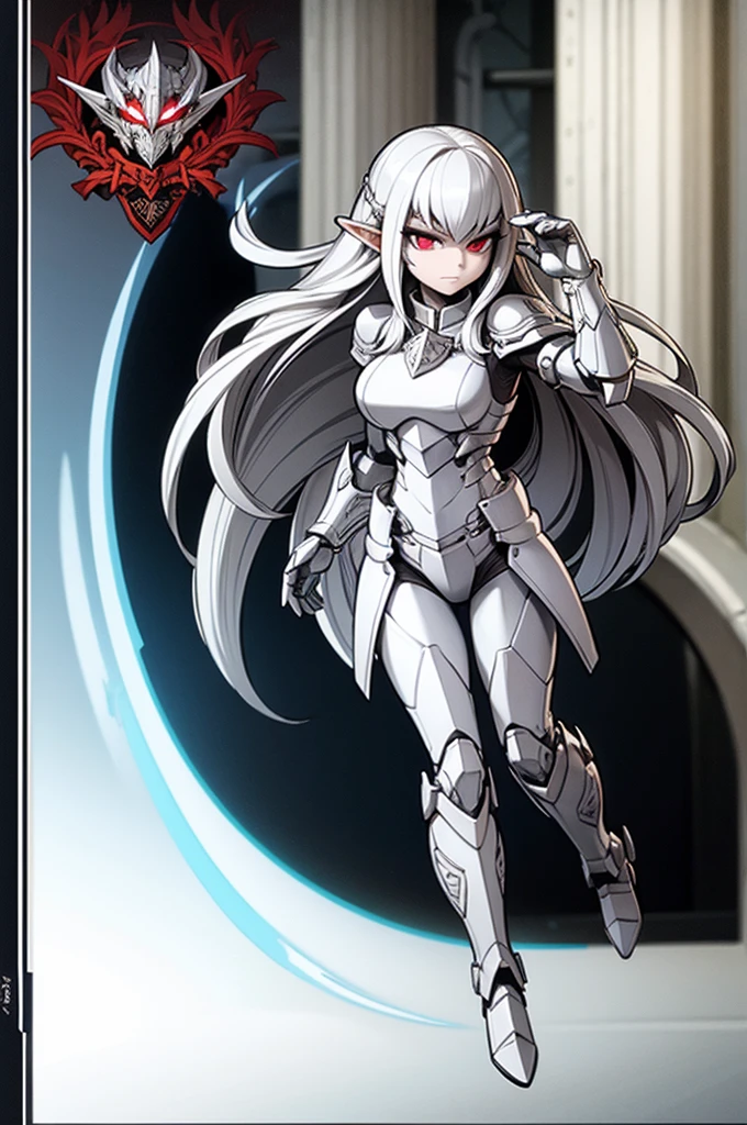 ((White background)),Elder sister,mature women.,Goth Maiden,((Flat Chest)),((Chest Armor)),Upper Body Armor,Knight's armor,Long white hair,(White hair),(White hair),Alone,((A person)),((Thick line style))