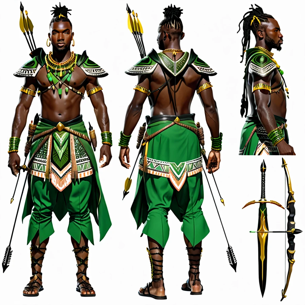 character reference sheet {Realistic character design sheet of a Black man with green tribal african warrior clothes holding a sword and bow and arrow, multiple views including front, side, back and 3/4, afrofuturism, ultra quality, higly detailed, african god of hunt