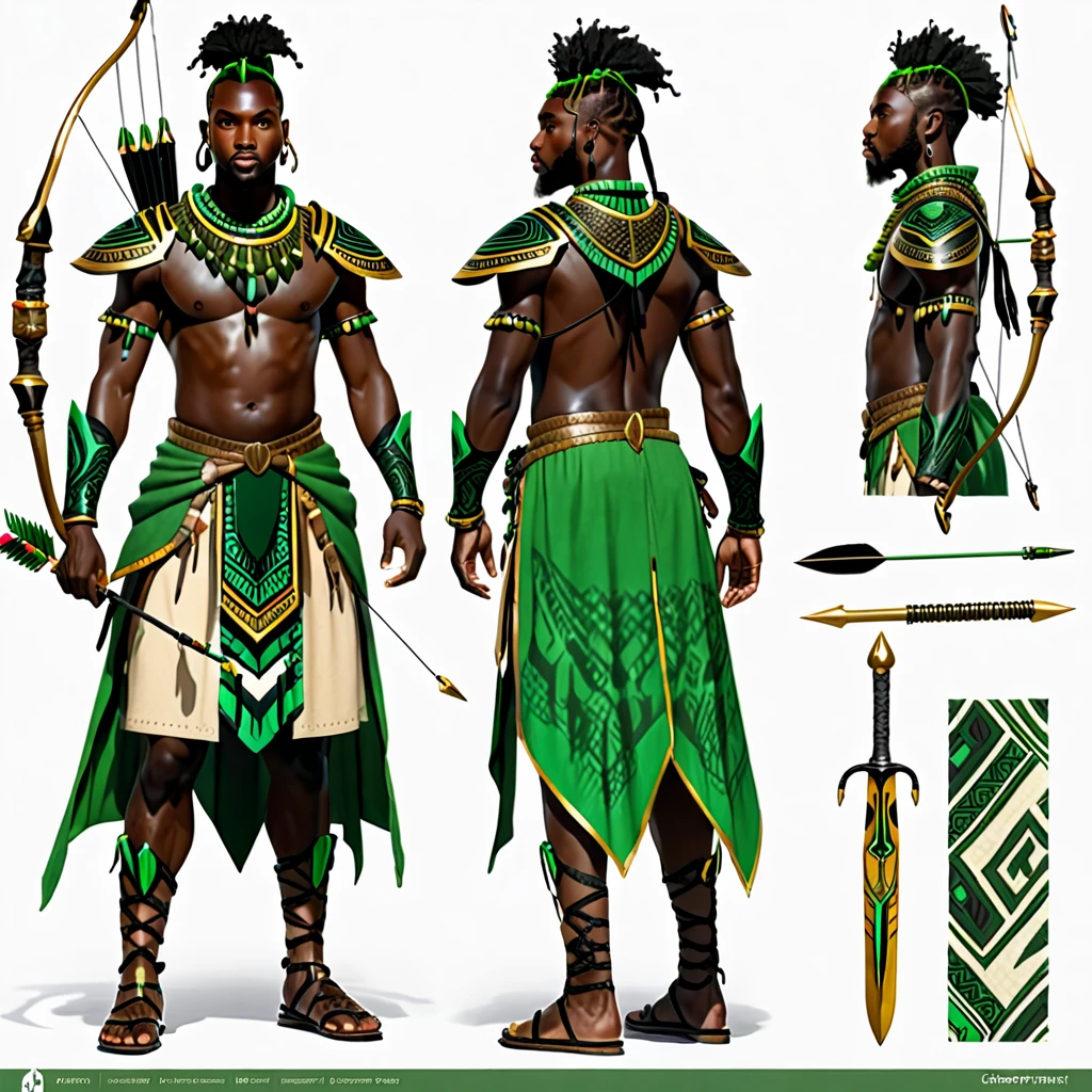 character reference sheet {Realistic character design sheet of a Black man with green tribal african warrior clothes holding a sword and bow and arrow, multiple views including front, side, back and 3/4, afrofuturism, ultra quality, higly detailed, african god of hunt