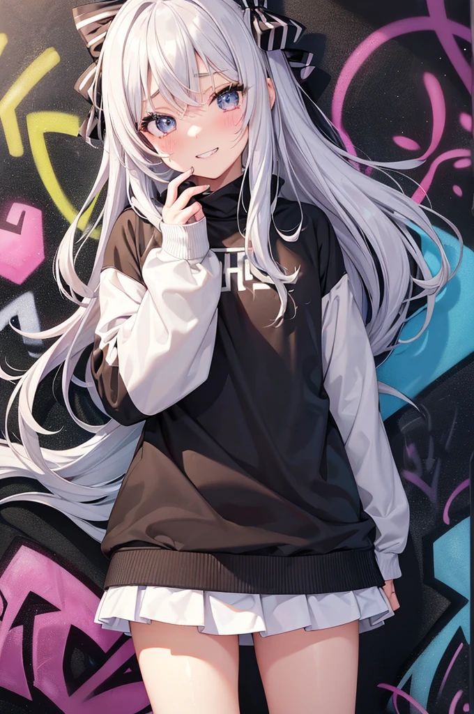 Grin, From above, (Squint your eyes:1.2), close, One Girl, blush, sit, nsfw,beautiful girl　 Wear a uniform, Light blue skirt, Long skirt, small bow, small bow, anime movie((masterpiece)), ((Highest quality)), (anime:1.3), (Super detailed:1.2), (High resolution:1.3), (Professional photography:1.3), (()), cute young Girl, Shiny, unruly hair, (Loosely swayed bangs), (Silver Ash Hair), Medium Hair, Big eyes, (Sagging under the eyes:1.5), (Long eyelashes), colorful eyes, (得意げでblushする), Open your mouth, Glossy Lips, (Jagged teeth), farewell, ((Oversized striped sweatshirt)), bare hands, cute, (Cover your face with your hands), (colorful:1.3), Gothic Makeup, (Against the graffiti wall:1.5),