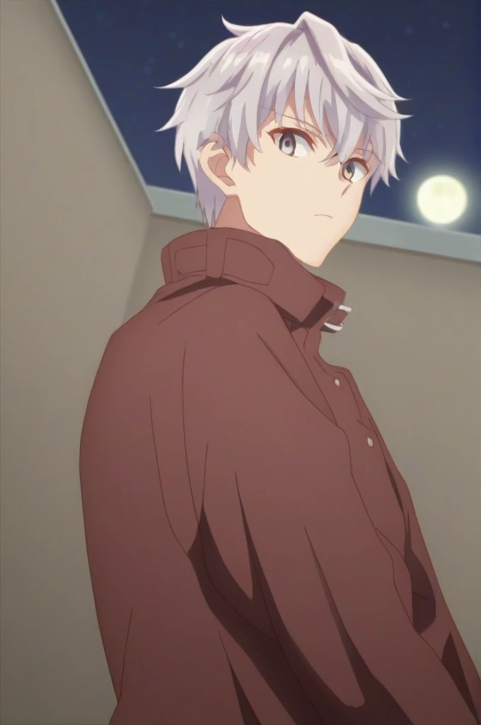 score_9, score_8_up, score_7_up, source_anime, rating_safe, intricate details, , looking at viewer, , 1boy, solo, male focus, lugh_tuatha_de, grey hair, grey eyes, short hair, hair between eyes, bangs, from below, hospital, night, full moon, looking back, expressionless, scarecrow costume,