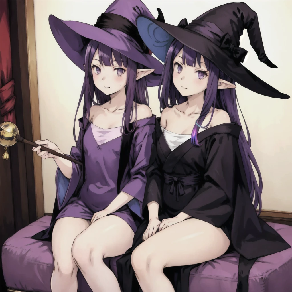 Highest quality, anime girl long purple hair wearing a black Robe. she has pointy ears. Witch Hat. Manga kawaii. iridescent ,An illustration, Sit on the sofa, (no background)