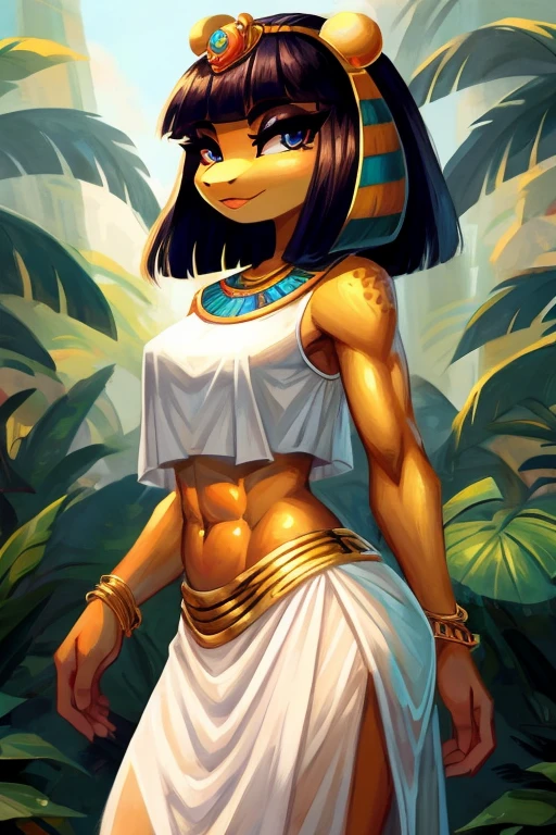 ((best quality)), ((masterpiece)), (detailed), a digital sideview artwork of a cute anthropomorphic female frog with abs wearing a crop top of her white sleeveless egyptian dress with white long skirt, a bare midriff and a bare navel, ((trending on artstation)), ((4k)), furry, anthro style, 2d style