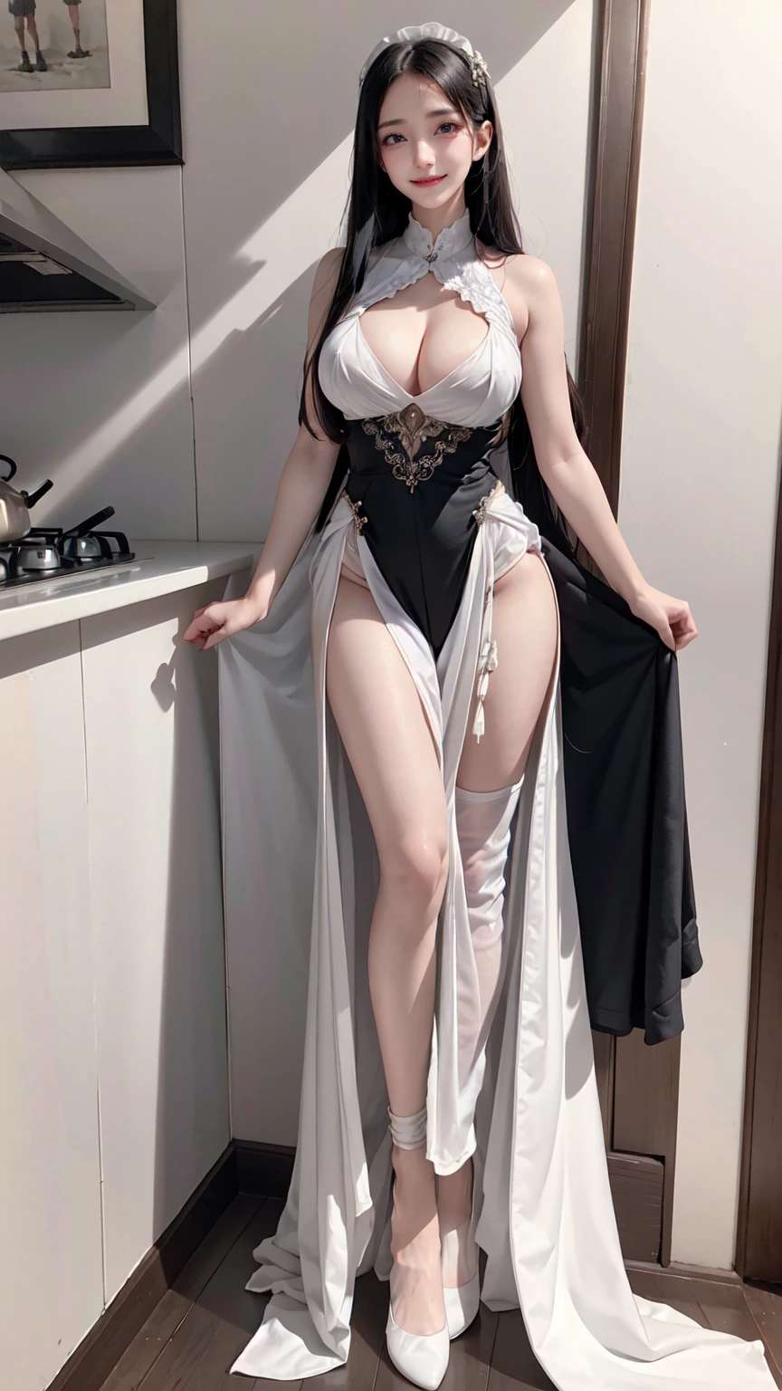 see through clothes(Full body female love:1.3)，best quality, masterpiece, ultra high resolution, (lifelike:1.4), original photo, 1 female,30 years old， black hair, big eyes, Detailed eyes and face,huge breasts，split，long legs，Belted robe open ，bare shoulder，no underwear:1.5,see through clothes，Hollow material white clothes，kitchen:1.3，Smile、sleeveless costume、((Maid clothes))、((She is carrying her 10 years old daughter))、Extremely revealing clothing、A young but sexually attractive daughter