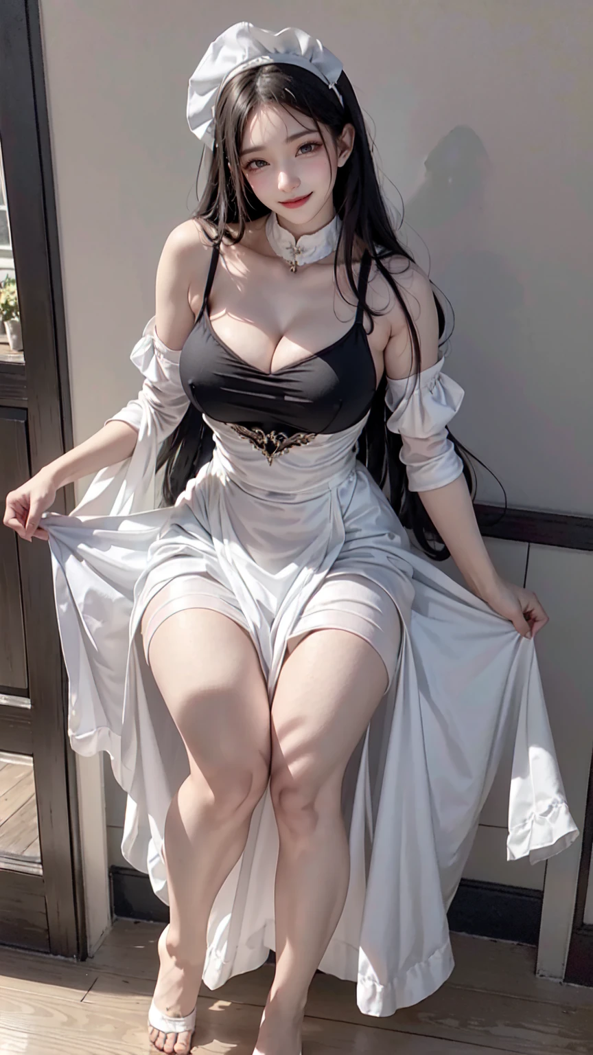 see through clothes(Full body female love:1.3),best quality, masterpiece, ultra high resolution, (lifelike:1.4), original photo, 1 female,30 years old, black hair, big eyes, Detailed eyes and face,huge breasts,split,long legs,Belted robe open ,bare shoulder,no underwear:1.5,see through clothes,Hollow material white clothes,kitchen:1.3,Smile、sleeveless costume、((Maid clothes))、((She is carrying her daughter))、Extremely revealing clothing、A young but sexually attractive daughter