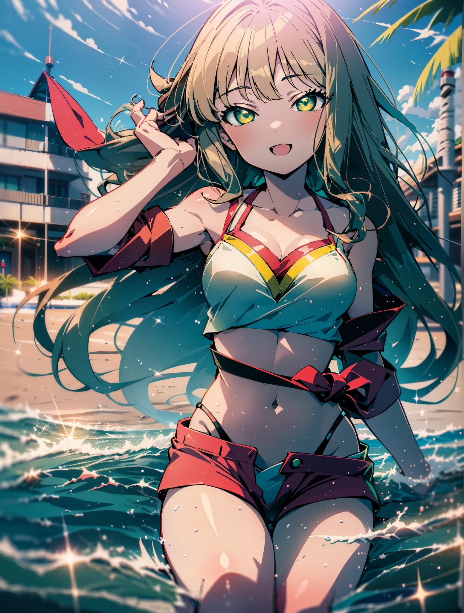 minami yume ,sss Dynazenon ,Long Hair, Brown Hair, (Green Eyes:1.5) ,Long braids,happy smile, smile, Open your mouth,belly button,Red Bikini Swimsuit,barefoot,Red belly dancer,A long, bright red blanket is wrapped around his waist..,(Beach salon), Big Breasts,((salon)), Beach outfit,Real Summer,Palm tree,whole bodyがイラストに入るように,
break outdoors, Beach,
break looking at viewer, whole body,
break (masterpiece:1.2), highest quality, High resolution, unity 8k wallpaper, (shape:0.8), (Beautiful and beautiful eyes:1.6), Highly detailed face, Perfect lighting, Extremely detailed CG, (Perfect hands, Perfect Anatomy),