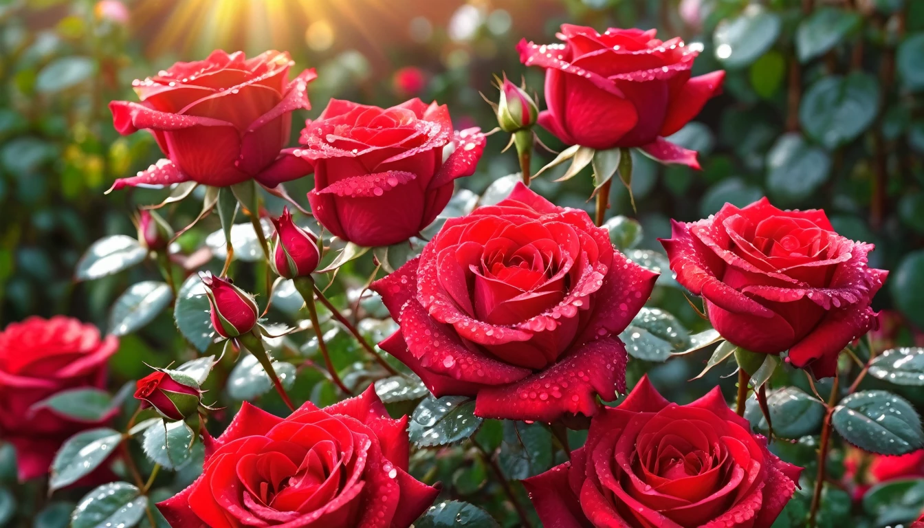 Many red color rose flowers in the garden and sunlight with bokeh, dew drops on flower petals (masterpiece, ultra quality, high resolution, 8k, intricate: 1.2), (masterpiece), (best quality:1)