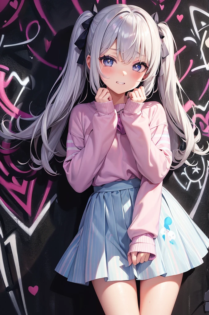 Grin, From above, (Squint your eyes:1.2), close, One Girl, blush, sit, nsfw,beautiful girl Wear a uniform, Light blue skirt, Long skirt, small bow, small bow, anime movie((masterpiece)), ((Highest quality)), (anime:1.3), (Super detailed:1.2), (High resolution:1.3), (Professional photography:1.3), (()), cute young Girl, Shiny, unruly hair, (Loosely swayed bangs), (Silver Ash Hair), Medium Hair, Big eyes, (Sagging under the eyes:1.5), (Long eyelashes), colorful eyes, (得意げでblushする), Open your mouth, Glossy Lips, (Jagged teeth), farewell, ((Oversized striped sweatshirt)), bare hands, cute, (Cover your face with your hands), (colorful:1.3), Gothic Makeup, (Against the graffiti wall:1.5),