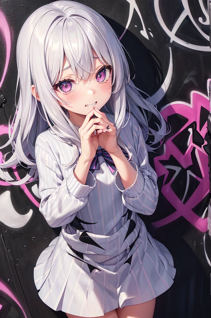 Grin, From above, (Squint your eyes:1.2), close, One Girl, blush, sit, nsfw,beautiful girl Wear a uniform, Light blue skirt, Long skirt, small bow, small bow, anime movie((masterpiece)), ((Highest quality)), (anime:1.3), (Super detailed:1.2), (High resolution:1.3), (Professional photography:1.3), ((12 years old)), cute young Girl, Shiny, unruly hair, (Loosely swayed bangs), (Silver Ash Hair), Medium Hair, Big eyes, (Sagging under the eyes:1.5), (Long eyelashes), colorful eyes, (得意げでblushする), Open your mouth, Glossy Lips, (Jagged teeth), farewell, ((Oversized striped sweatshirt)), bare hands, cute, (Cover your face with your hands), (colorful:1.3), Gothic Makeup,