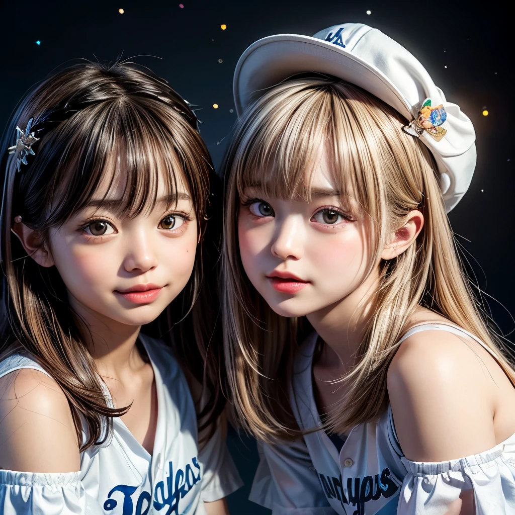 NSFW, 8k, High-level, absurd, masterpiece, best quality, primitive, very detailed CG, very detailed wallpaper, perfect lighting, Extremely detailed (((The personifying " Los Angeles Dodgers " as a Girl))), MysticSight, Tyndall effect, Tyndall scattering, Studio gray background with (many Dazzling RainbowColor particles BokeH:1.28), (RoundlyButts, ThighGap), (Exposed:0.4), (Assfocus with looking ahead), BREAK (NOGIZAKA face variations) Extremely Detailed very KAWAII face variations, perfect anatomy, Childish, captivating gaze, elaborate detailed Eyes with (sparkling highlights:1.28), long eyelashes、Glossy RED Lips with beautiful details, Coquettish tongue, Rosy cheeks, Radiant PearlSkin with clear transparency . { (Dynamic LifeLike expressions:1.4) | :d) }, (large eyes:-1) .