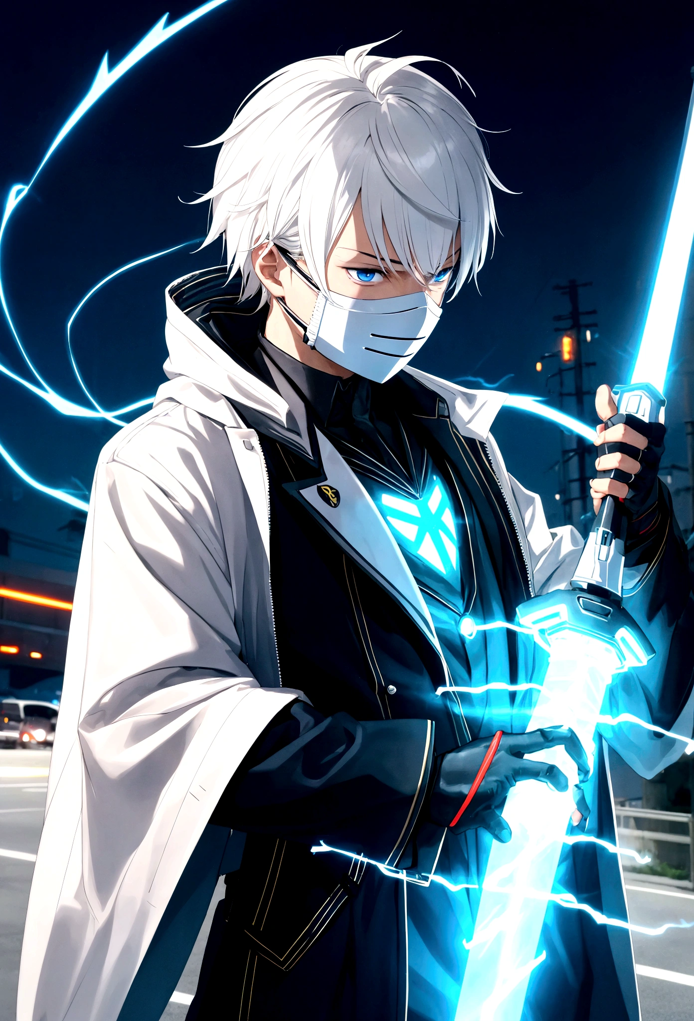 A electric boy with an electric sword in his hand wearing a mask on his face her hair is electric her face is electric he is on the road and writing S on his long suit in anime long photo