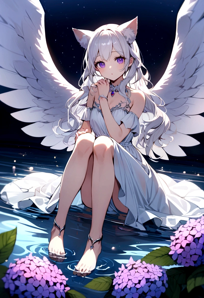 A delicate and elegant girl, Long wavy hair that reaches the knees,White hair is very attractive.., Detailed and precise manual work, Attractive girl, White cat ears, look at me, Purple eyes and white eyelashes,Her cheeks turned red,Big angel wings,On the water, A subject that stands out against the dark night sky,A lot of hydrangea, White Dress, Dramatic moonlight that makes your subject stand out, barefoot,Ankle decoration,Woman sitting on the ground。
