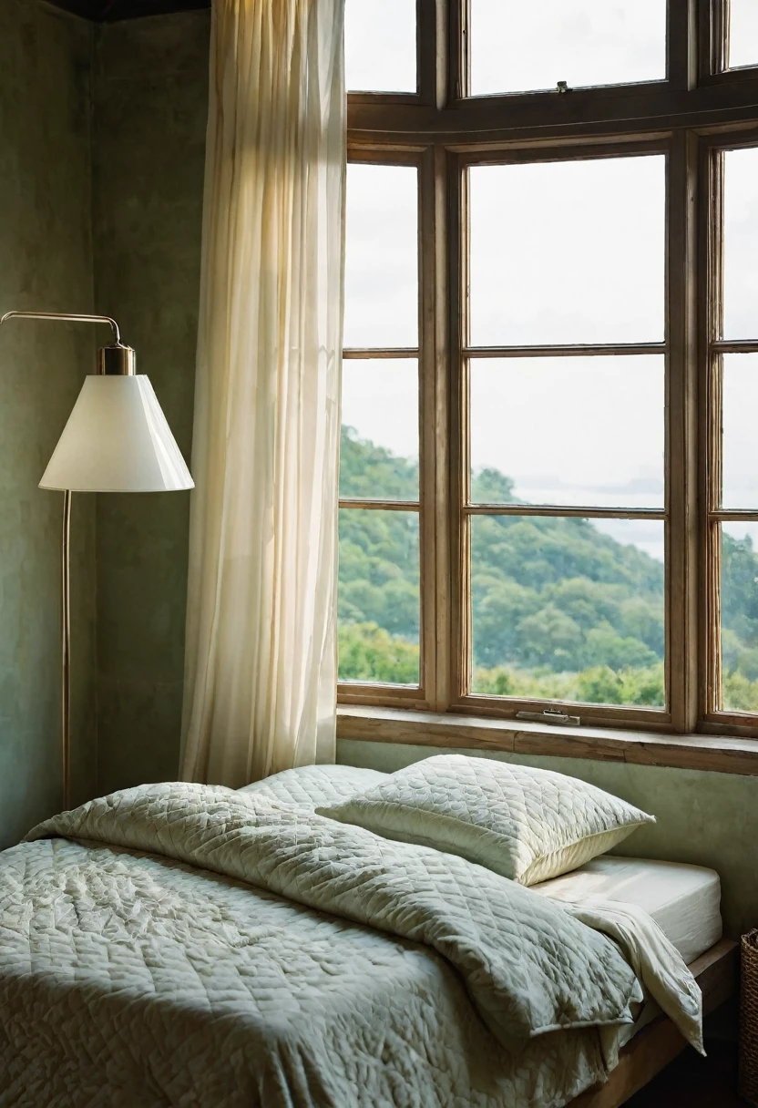 no_humans, lamp, indoors, bed, pillow, scenery, window, light, bedroom