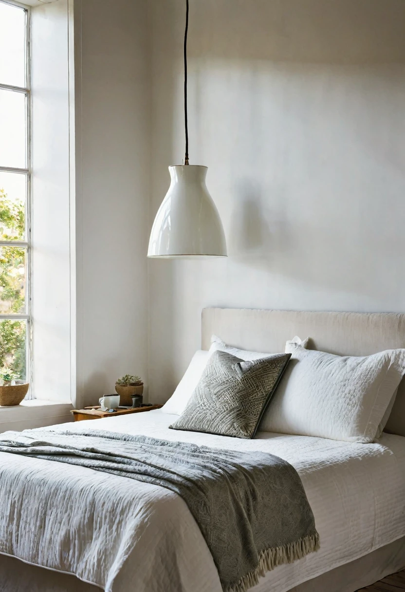 no_humans, lamp, indoors, bed, pillow, scenery, window, light, bedroom