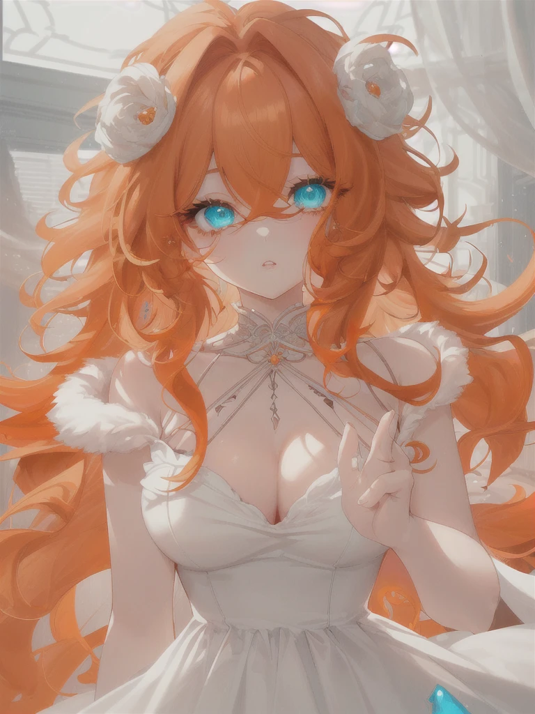 super verbose、highest quallity、soft lighting、HD 4k、 a beautiful girl、beautiful fur、long curly orange hair、Messy hair、disordered hair、orange eyelashes、diamond eyes、turquoise eyes、Beautiful eyes、 lips、bright and low-cut white dress、spectacular view