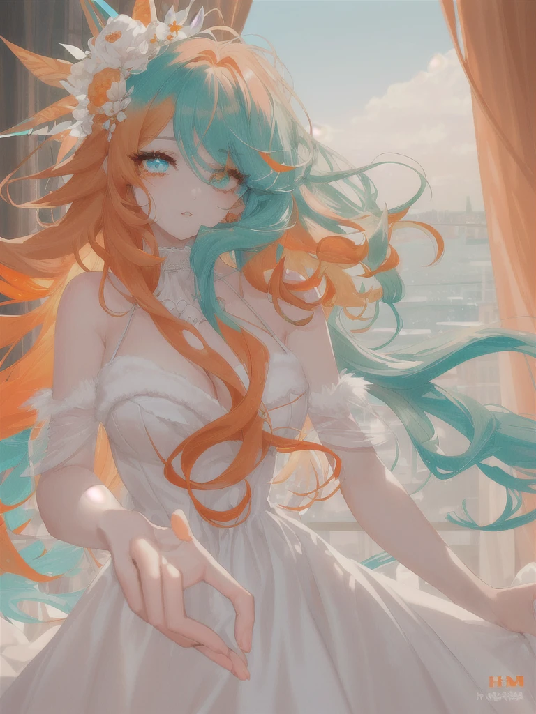 super verbose、highest quallity、soft lighting、HD 4k、 a beautiful girl、beautiful fur、long curly orange hair、Messy hair、disordered hair、orange eyelashes、diamond eyes、turquoise eyes、Beautiful eyes、 lips、bright and low-cut white dress、spectacular view