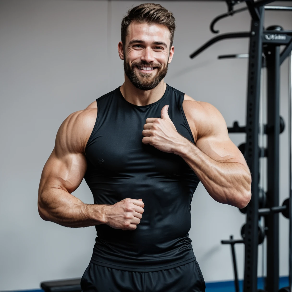 RAW-Foto, close full body portrait of handsome man with beard in black sportswear, he shows his muscles in a bodybuilding pose, he smiles friendly, he is standing in a gym, detailed face, blue eyes, (highly detailed skin:1.2), 8K  UHD, dslr, soft lighting, good quality, film grain, Fujifilm XT3 dappled light on the face, pale skin, Hautporen, oiled, shiny skin, Skin impurities, impure skin, complicated skin details, visible skin detail, detailed skin structure, Blush, folds, Vitiligo spots, moles, Blackheads, Blackheads, white pimples, red pimples, Schönheitsfleck, Hautflaum, [[[[[freckles]]]]] (perfect eyes), ((perfect hands with four fingers and one thumb each))