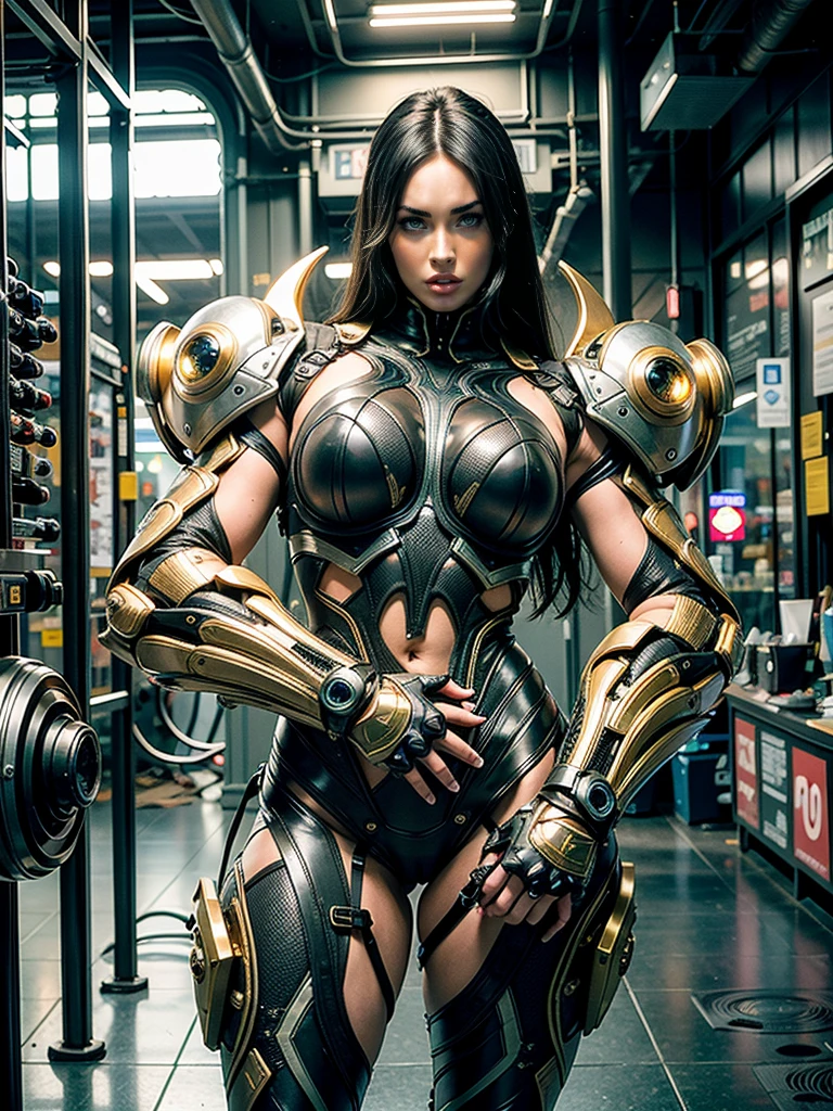 (megan fox), Cinematic, hyper-detailed, and insanely detailed, this artwork captures the essence of a muscular cyborg girl. Beautiful color grading, enhancing the overall cinematic feel. Unreal Engine brings her anatomic cybernetic muscle suit to life, appearing even more mesmerizing. With the use of depth of field (DOF), every detail is focused and accentuated, drawing attention to her eyes and the intricate design of the anatomic cybernetic muscle suit . The image resolution is at its peak, utilizing super-resolution technology to ensure every pixel is perfect. Cinematic lighting enhances her aura, while anti-aliasing techniques like FXAA and TXAA keep the edges smooth and clean. Adding realism to the anatomic cybernetic muscle suit, RTX technology enables ray tracing. Additionally, SSAO (Screen Space Ambient Occlusion) gives depth and realism to the scene, the girl's anatomic cybernetic muscle suit become even more convincing. In the post-processing and post-production stages, tone mapping enhances the colors, creating a captivating visual experience. The integration of CGI (Computer-Generated Imagery) and VFX (Visual Effect brings out the anatomic cybernetic muscle suit's intricate features in a seamless manner. SFX (Sound Effects) complement the visual artistry, immersing the viewer further into this fantastic world. The level of detail is awe-inspiring, with intricate elements meticulously crafted, the artwork hyper maximalist and hyper-realistic. Volumetric effects add depth and dimension, and the photorealism is unparalleled. The image is rendered in 8K resolution, ensuring super-detailed visuals. The volumetric lightning adds a touch of magic, highlighting her beauty and the aura of her anatomic cybernetic muscle suit in an otherworldly way. High Dynamic Range (HDR) technology makes the colors pop, adding richness to the overall composition. Ultimately, this artwork presents an unreal portrayal of a super muscled cyborg girl
