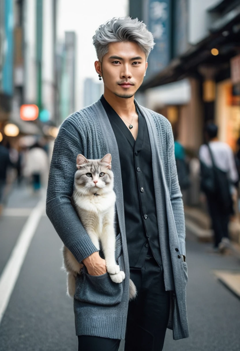A professional masterpiece full body photograph of an elegant, confident Japanese man with blue eyes and natural makeup. He has trendy grey tosca mixed hue hair styled in a wolf cut. He is carrying a cute Persian white cat and wearing earrings. His attire includes a black long cardigan with an intricate embossed tribal motif and black sneakers. He is posing at the edge of a busy Tokyo street with a vibrant cityscape background, captured from a low shot angle with dramatic lighting.
