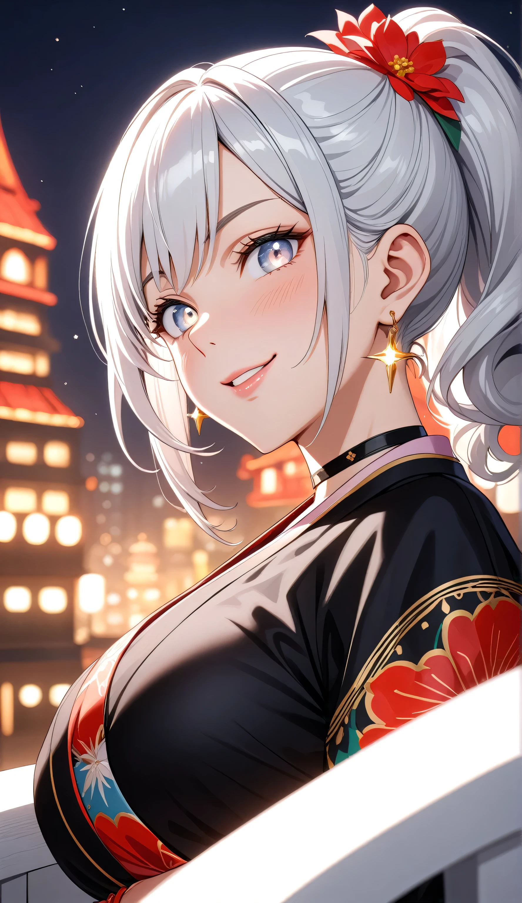 ((one personの女性)), Beautiful Face, ((looking side:2.0),Laughing embarrassedly,((wink:1.8)),Laugh with your mouth wide open((Bright red cheeks:1.4)),Shiny red lips,night,rooftop,Festive decorations,You can see the ocean, firework,Laughing with your mouth open,Glossy pink lips,Lighting on the face,((Anime style background)),masterpiece, Highest quality, so beautiful,Latest, complex details, (Pink long nails),(ring),(bracelet),(choker),AI-generated, complex,High resolution, Highest quality, super high quality,3D Images、3D Images,one person,Long white hair,High Ponytail,(blue eyes),Anime woman posing for a photo, ((Fine grain、Silvery white colorful eyes、Shining Eyes:1.4)),(Squint your eyes:1.1),a hyperRealistic , hyperRealistic , Realistic,Anime woman with long and white hair, Smooth anime CG art, A woman in a colorful kimono with gold embroidery, (Black long sleeve kimono),Red floral pattern,Long flower hair ornament,Big earrings,Mature Body,(Big Breasts:1.1),Tall,Abdominal muscles,Narrow waist,(Zoom in on face:1.7),Shooting from below at an angle